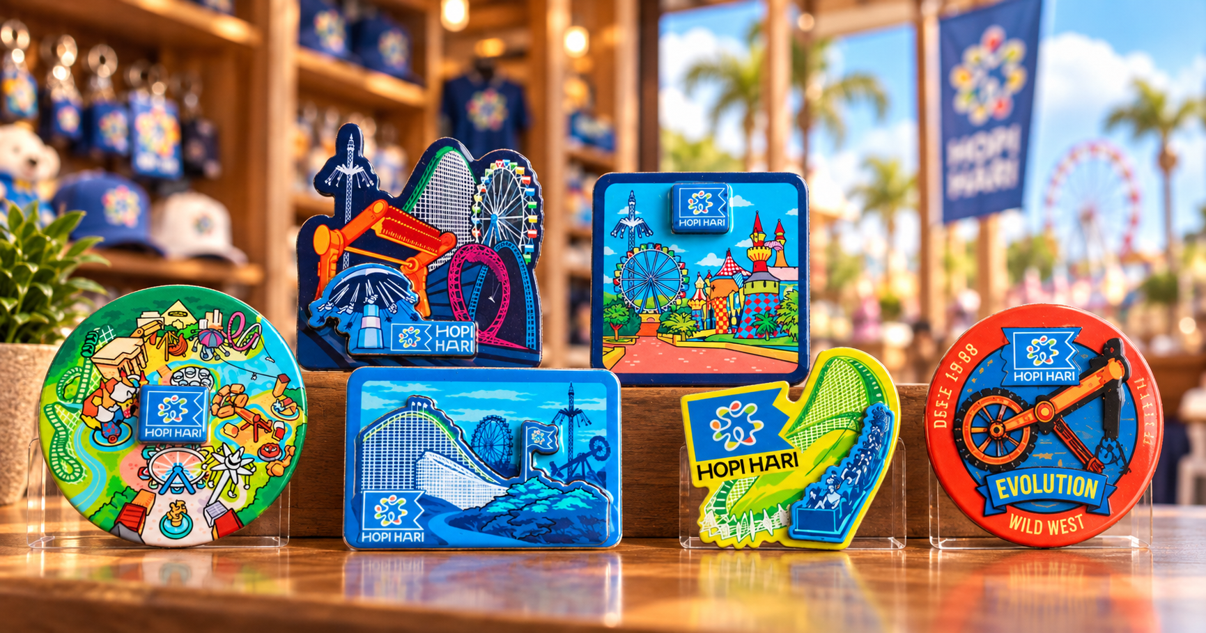 Ímãs de geladeira personalizados do Hopi Hari fabricados pela Arteria Brasil, com montanha-russa, roda-gigante e atrações do parque