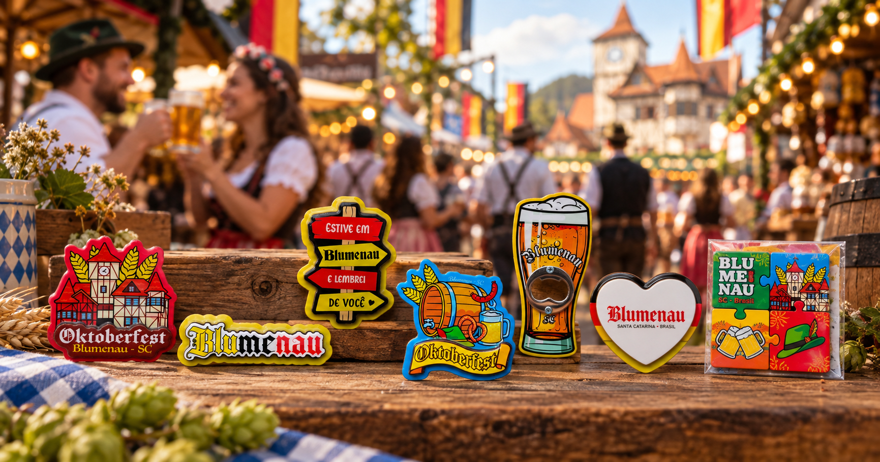 Souvenirs de festa típica da Oktoberfest de Blumenau, como ímãs de geladeira e abridor de garrafa em formato de caneca, expostos em mesa de madeira com a festa ao fundo.